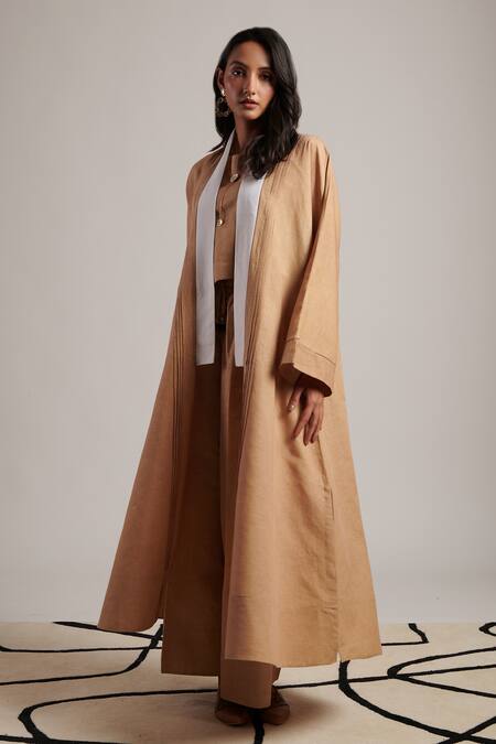 Moh India_Beige 100% Pure Linen Plain Shawl Collar Naina Solid Overlay Trouser Set _Online_at_Aza_Fashions