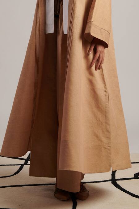 Buy_Moh India_Beige 100% Pure Linen Plain Shawl Collar Naina Solid Overlay Trouser Set _Online_at_Aza_Fashions