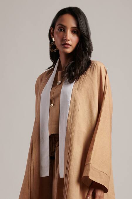 Shop_Moh India_Beige 100% Pure Linen Plain Shawl Collar Naina Solid Overlay Trouser Set _Online_at_Aza_Fashions