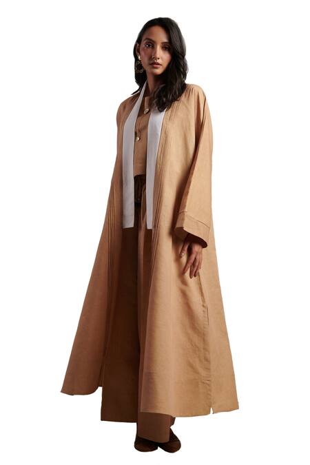 Moh India_Beige 100% Pure Linen Plain Shawl Collar Naina Solid Overlay Trouser Set _at_Aza_Fashions