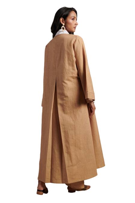 Buy_Moh India_Beige 100% Pure Linen Plain Shawl Collar Naina Solid Overlay Trouser Set 