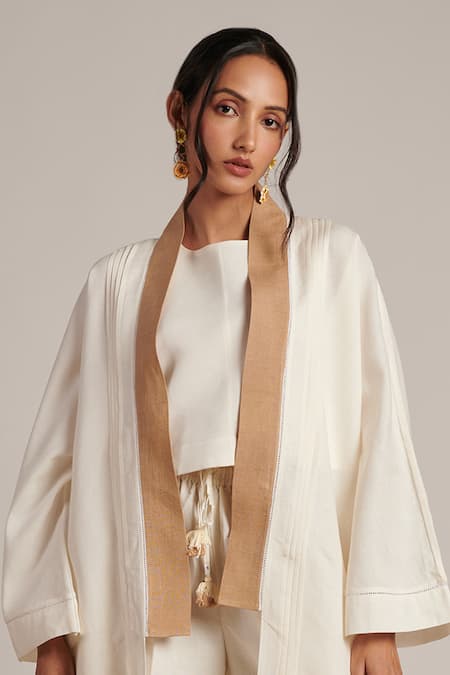 Moh India Off White 100% Pure Linen Plain Shawl Collar Naina Overlay Trouser Set Online at Aza Fashions Moh India_Off White 100% Pure Linen Plain Shawl Collar Naina Overlay Trouser Set _Online_at_Aza_Fashions