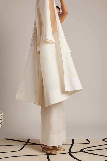 Buy Moh India Off White 100% Pure Linen Plain Shawl Collar Naina Overlay Trouser Set Online at Aza Fashions Buy_Moh India_Off White 100% Pure Linen Plain Shawl Collar Naina Overlay Trouser Set _Online_at_Aza_Fashions