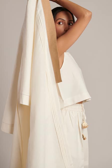 Shop Moh India Off White 100% Pure Linen Plain Shawl Collar Naina Overlay Trouser Set Online at Aza Fashions Shop_Moh India_Off White 100% Pure Linen Plain Shawl Collar Naina Overlay Trouser Set _Online_at_Aza_Fashions