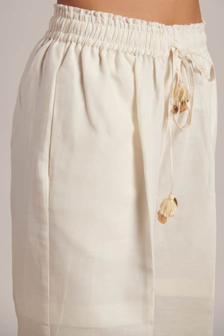 Moh India Off White 100% Pure Linen Plain Shawl Collar Naina Overlay Trouser Set at Aza Fashions Moh India_Off White 100% Pure Linen Plain Shawl Collar Naina Overlay Trouser Set _at_Aza_Fashions