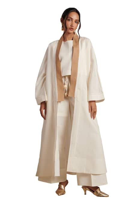 Buy Moh India Off White 100% Pure Linen Plain Shawl Collar Naina Overlay Trouser Set Buy_Moh India_Off White 100% Pure Linen Plain Shawl Collar Naina Overlay Trouser Set