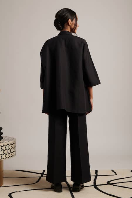 Shop Moh India Black Linen Bows Collared Paradise Shirt at Aza Fashions Shop_Moh India_Black Linen Bows Collared Paradise Shirt _at_Aza_Fashions