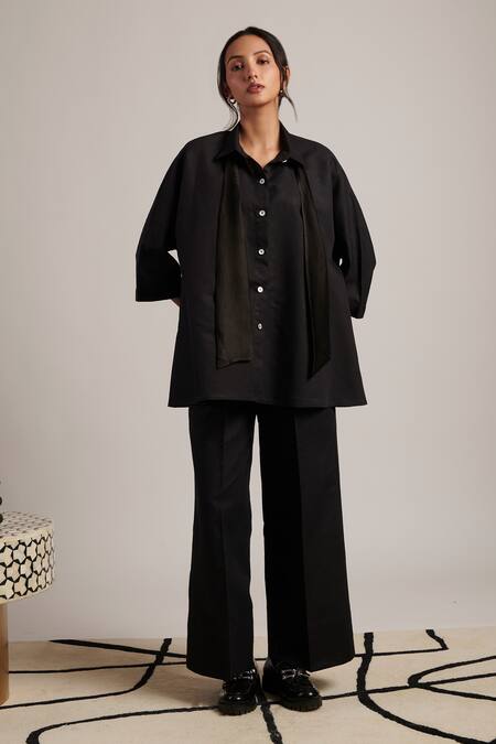 Buy Moh India Black Linen Bows Collared Paradise Shirt Online at Aza Fashions Buy_Moh India_Black Linen Bows Collared Paradise Shirt _Online_at_Aza_Fashions