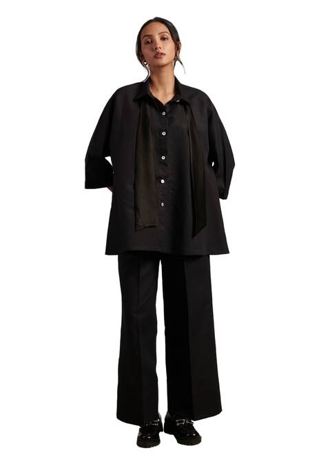 Shop Moh India Black Linen Bows Collared Paradise Shirt Online at Aza Fashions Shop_Moh India_Black Linen Bows Collared Paradise Shirt _Online_at_Aza_Fashions