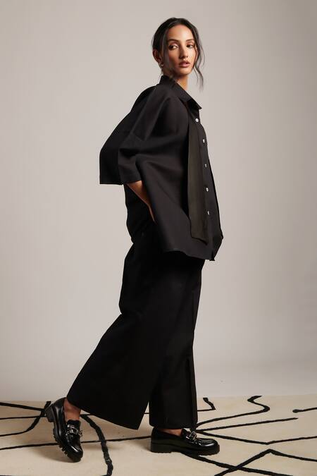 Moh India Black Linen Bows Collared Paradise Shirt at Aza Fashions Moh India_Black Linen Bows Collared Paradise Shirt _at_Aza_Fashions