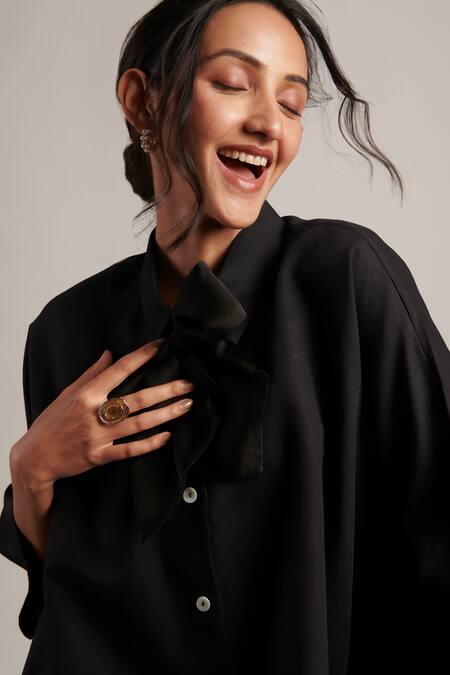 Buy Moh India Black Linen Bows Collared Paradise Shirt Buy_Moh India_Black Linen Bows Collared Paradise Shirt
