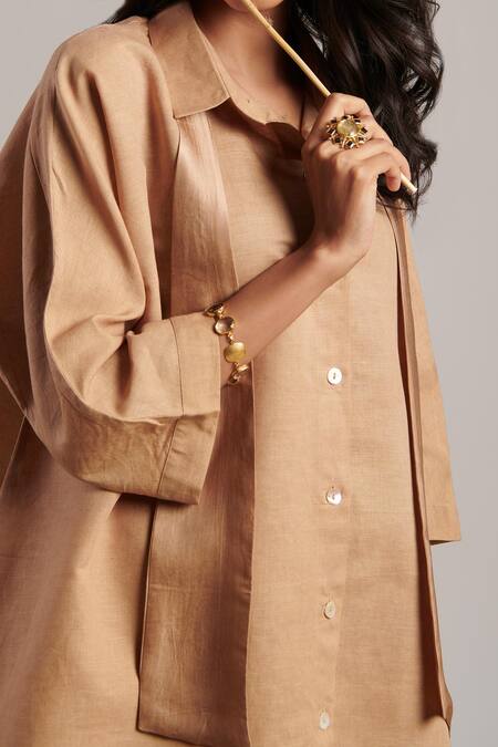 Shop Moh India Brown Linen Collared Paradise Plain Shirt Online at Aza Fashions Shop_Moh India_Brown Linen Collared Paradise Plain Shirt _Online_at_Aza_Fashions