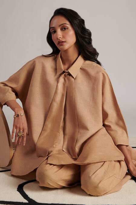 Moh India Brown Linen Collared Paradise Plain Shirt at Aza Fashions Moh India_Brown Linen Collared Paradise Plain Shirt _at_Aza_Fashions