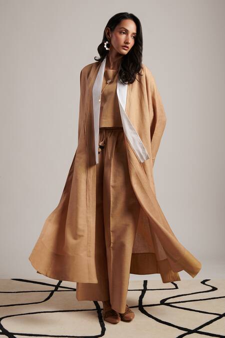 Shop Moh India Beige Linen Open Neck Raisa Overlay Shop_Moh India_Beige Linen Open Neck Raisa Overlay
