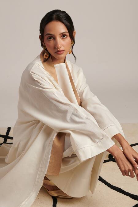 Moh India_White Linen Open Neck Raisa Overlay _at_Aza_Fashions