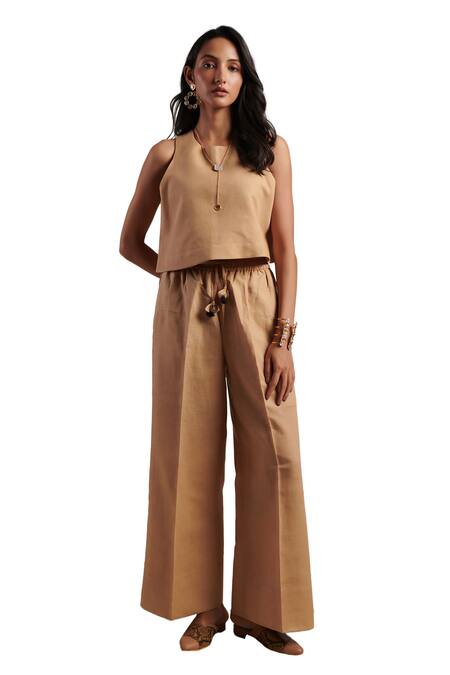 Shop Moh India Beige 100% Pure Linen Plain Round Neck Ritual Top With Trouser Online at Aza Fashions Shop_Moh India_Beige 100% Pure Linen Plain Round Neck Ritual Top With Trouser _Online_at_Aza_Fashions