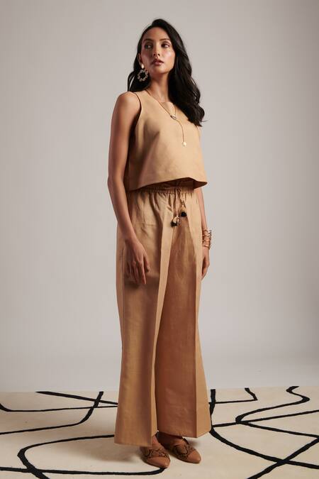 Moh India Beige 100% Pure Linen Plain Round Neck Ritual Top With Trouser at Aza Fashions Moh India_Beige 100% Pure Linen Plain Round Neck Ritual Top With Trouser _at_Aza_Fashions