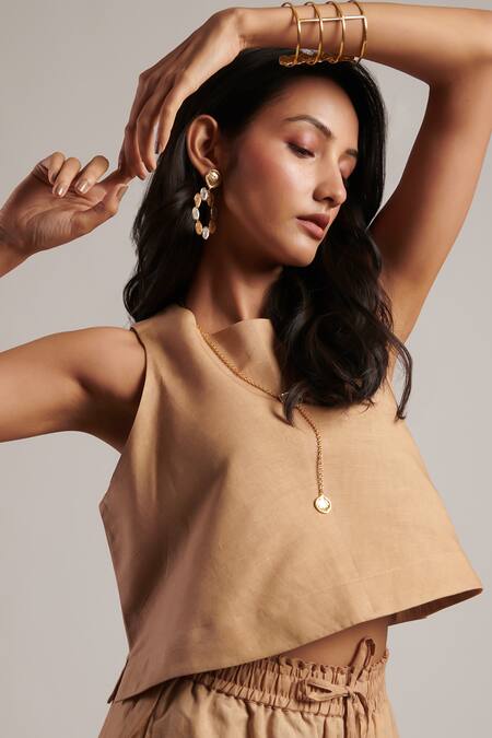 Buy Moh India Beige 100% Pure Linen Plain Round Neck Ritual Top With Trouser Buy_Moh India_Beige 100% Pure Linen Plain Round Neck Ritual Top With Trouser