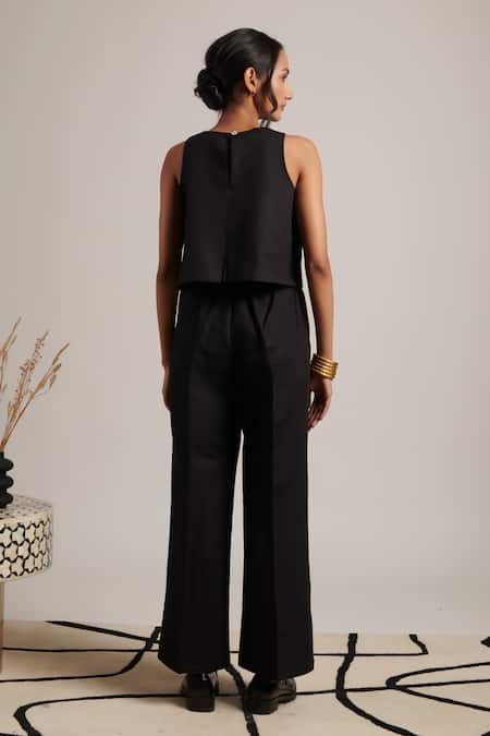 Shop Moh India Black 100% Pure Linen Plain Round Neck Ritual Top With Trouser at Aza Fashions Shop_Moh India_Black 100% Pure Linen Plain Round Neck Ritual Top With Trouser _at_Aza_Fashions