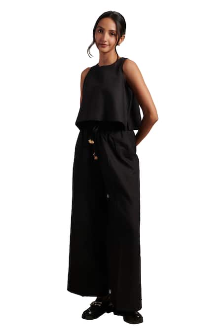 Moh India Black 100% Pure Linen Plain Round Neck Ritual Top With Trouser at Aza Fashions Moh India_Black 100% Pure Linen Plain Round Neck Ritual Top With Trouser _at_Aza_Fashions