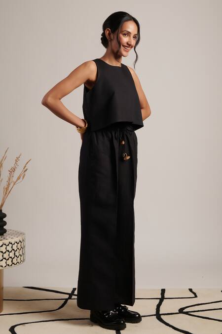 Buy Moh India Black 100% Pure Linen Plain Round Neck Ritual Top With Trouser Buy_Moh India_Black 100% Pure Linen Plain Round Neck Ritual Top With Trouser