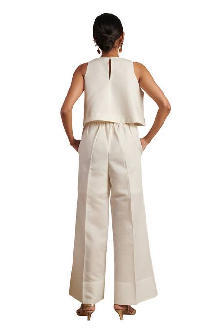 Moh India_Off White 100% Pure Linen Plain Round Neck Cropped Top And Trouser Set _Online_at_Aza_Fashions