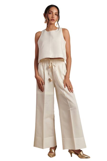 Shop_Moh India_Off White 100% Pure Linen Plain Round Neck Cropped Top And Trouser Set _Online_at_Aza_Fashions