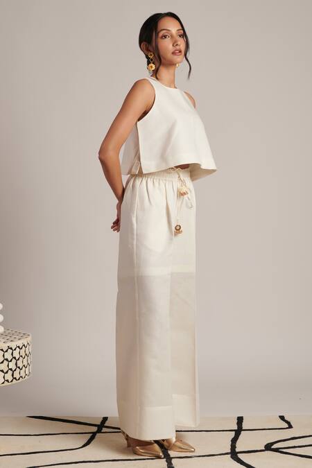 Moh India_Off White 100% Pure Linen Plain Round Neck Cropped Top And Trouser Set _at_Aza_Fashions