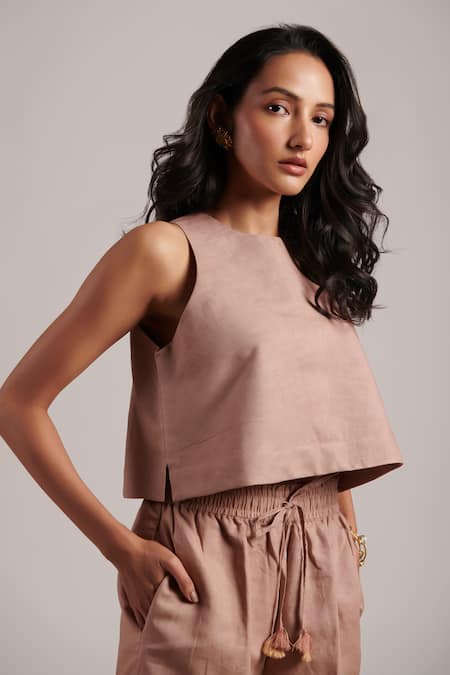 Moh India_Pink 100% Pure Linen Plain Round Neck Ritual Cropped Top With Trouser _Online_at_Aza_Fashions