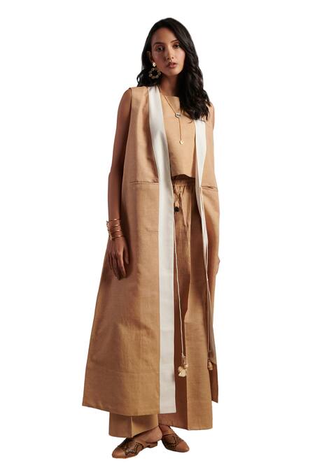 Shop Moh India Beige 100% Pure Linen Plain Open Neck Rooh Overlay Trouser Set Online at Aza Fashions Shop_Moh India_Beige 100% Pure Linen Plain Open Neck Rooh Overlay Trouser Set _Online_at_Aza_Fashions