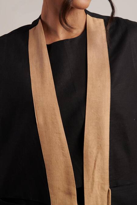 Moh India Black 100% Pure Linen Plain Open Neck Overlay Trouser Set at Aza Fashions Moh India_Black 100% Pure Linen Plain Open Neck Overlay Trouser Set _at_Aza_Fashions