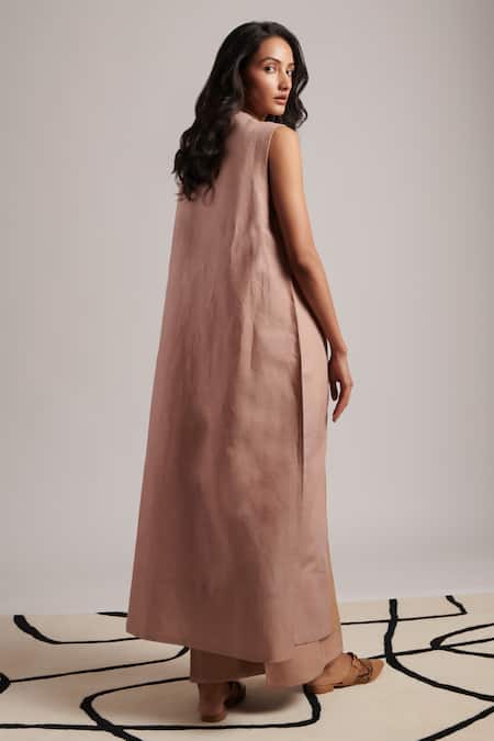 Shop Moh India Pink 100% Pure Linen Plain Open Neck Rooh Overlay Jacket Trouser Set at Aza Fashions Shop_Moh India_Pink 100% Pure Linen Plain Open Neck Rooh Overlay Jacket Trouser Set _at_Aza_Fashions