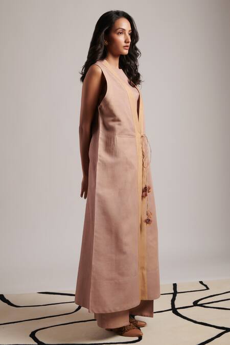 Moh India Pink 100% Pure Linen Plain Open Neck Rooh Overlay Jacket Trouser Set Online at Aza Fashions Moh India_Pink 100% Pure Linen Plain Open Neck Rooh Overlay Jacket Trouser Set _Online_at_Aza_Fashions