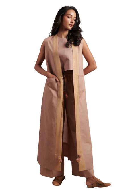 Shop Moh India Pink 100% Pure Linen Plain Open Neck Rooh Overlay Jacket Trouser Set Online at Aza Fashions Shop_Moh India_Pink 100% Pure Linen Plain Open Neck Rooh Overlay Jacket Trouser Set _Online_at_Aza_Fashions