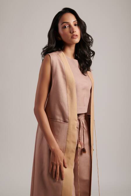Moh India Pink 100% Pure Linen Plain Open Neck Rooh Overlay Jacket Trouser Set at Aza Fashions Moh India_Pink 100% Pure Linen Plain Open Neck Rooh Overlay Jacket Trouser Set _at_Aza_Fashions
