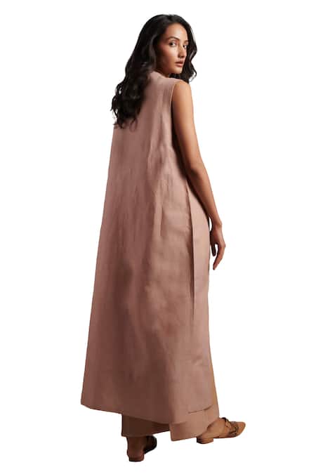 Buy Moh India Pink 100% Pure Linen Plain Open Neck Rooh Overlay Jacket Trouser Set Buy_Moh India_Pink 100% Pure Linen Plain Open Neck Rooh Overlay Jacket Trouser Set