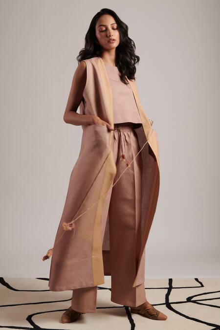 Shop Moh India Pink 100% Pure Linen Plain Open Neck Rooh Overlay Jacket Trouser Set Shop_Moh India_Pink 100% Pure Linen Plain Open Neck Rooh Overlay Jacket Trouser Set