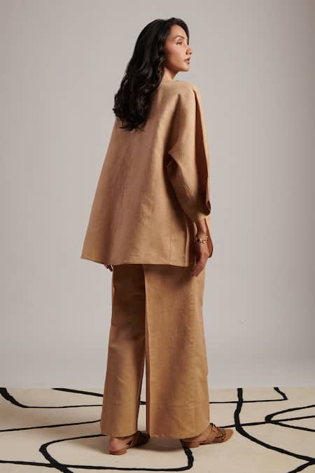 Shop Moh India Beige 100% Pure Linen Plain Collared Neck Serenity Shirt With Trouser at Aza Fashions Shop_Moh India_Beige 100% Pure Linen Plain Collared Neck Serenity Shirt With Trouser _at_Aza_Fashions