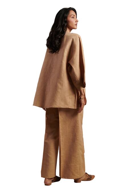 Moh India Beige 100% Pure Linen Plain Collared Neck Serenity Shirt With Trouser Online at Aza Fashions Moh India_Beige 100% Pure Linen Plain Collared Neck Serenity Shirt With Trouser _Online_at_Aza_Fashions