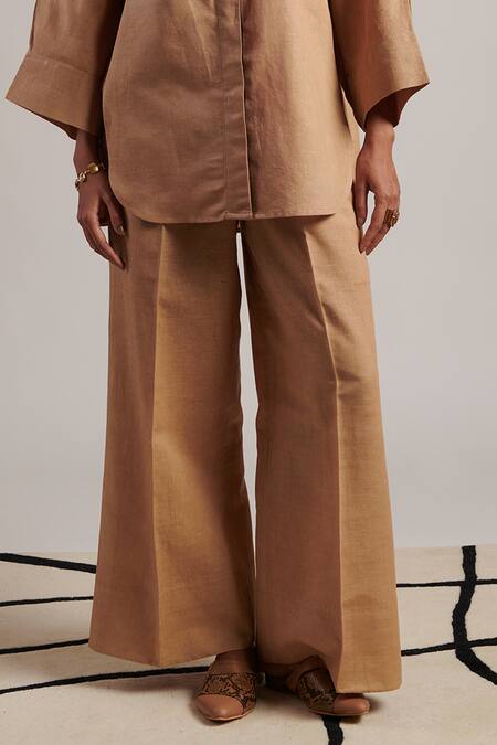 Buy Moh India Beige 100% Pure Linen Plain Collared Neck Serenity Shirt With Trouser Online at Aza Fashions Buy_Moh India_Beige 100% Pure Linen Plain Collared Neck Serenity Shirt With Trouser _Online_at_Aza_Fashions