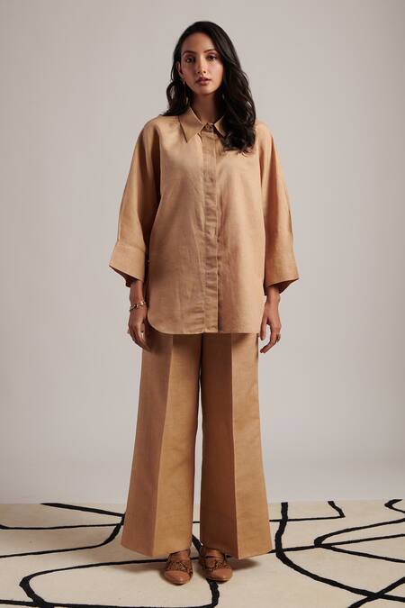 Moh India Beige 100% Pure Linen Plain Collared Neck Serenity Shirt With Trouser at Aza Fashions Moh India_Beige 100% Pure Linen Plain Collared Neck Serenity Shirt With Trouser _at_Aza_Fashions