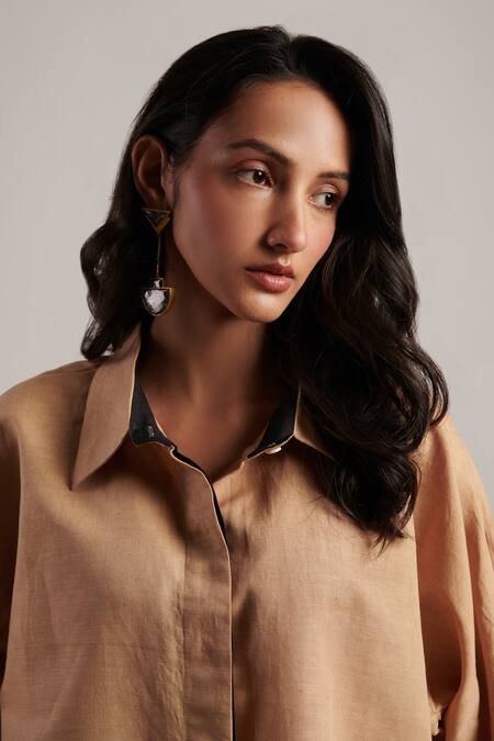 Buy Moh India Beige 100% Pure Linen Plain Collared Neck Serenity Shirt With Trouser Buy_Moh India_Beige 100% Pure Linen Plain Collared Neck Serenity Shirt With Trouser