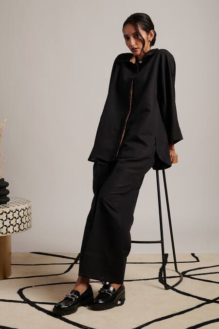 Shop Moh India Black 100% Pure Linen Plain Collared Neck Shirt And Trouser Set at Aza Fashions Shop_Moh India_Black 100% Pure Linen Plain Collared Neck Shirt And Trouser Set _at_Aza_Fashions