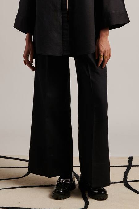 Moh India Black 100% Pure Linen Plain Collared Neck Shirt And Trouser Set Online at Aza Fashions Moh India_Black 100% Pure Linen Plain Collared Neck Shirt And Trouser Set _Online_at_Aza_Fashions