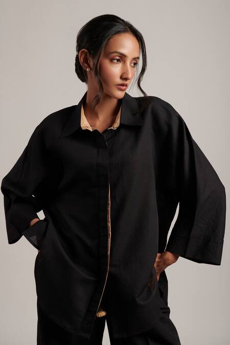 Shop Moh India Black 100% Pure Linen Plain Collared Neck Shirt And Trouser Set Online at Aza Fashions Shop_Moh India_Black 100% Pure Linen Plain Collared Neck Shirt And Trouser Set _Online_at_Aza_Fashions