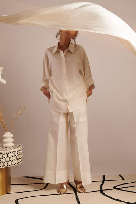 Shop Moh India Off White 100% Pure Linen Plain Collared Neck Serenity Shirt With Trouser at Aza Fashions Shop_Moh India_Off White 100% Pure Linen Plain Collared Neck Serenity Shirt With Trouser _at_Aza_Fashions