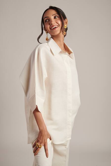 Shop Moh India Off White 100% Pure Linen Plain Collared Neck Serenity Shirt With Trouser Online at Aza Fashions Shop_Moh India_Off White 100% Pure Linen Plain Collared Neck Serenity Shirt With Trouser _Online_at_Aza_Fashions