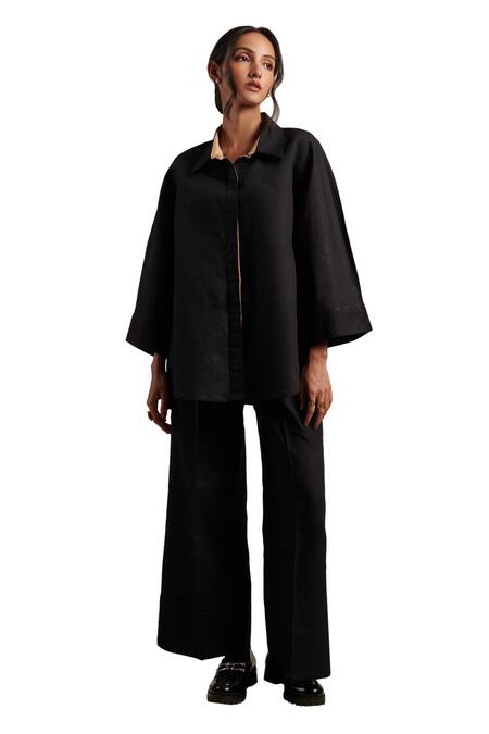 Moh India_Black Linen Collared Solstice Plain Shirt _Online_at_Aza_Fashions