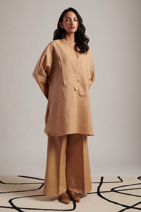 Moh India Beige 100% Pure Linen Plain Round Collar Soul Tunic at Aza Fashions Moh India_Beige 100% Pure Linen Plain Round Collar Soul Tunic _at_Aza_Fashions