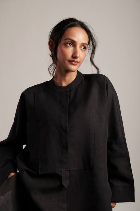 Buy Moh India Black 100% Pure Linen Plain Round Collar Soul Short Tunic Buy_Moh India_Black 100% Pure Linen Plain Round Collar Soul Short Tunic